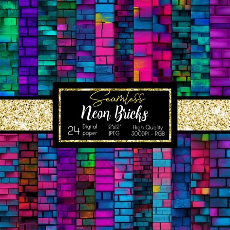 Neon Brick Wallpaper, Neon Bricks Backgrounds, Neon Digital Paper Pack ...