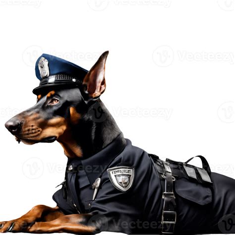 Portrait of Doberman Dog Wearing Police Officer Uniform Isolated ...