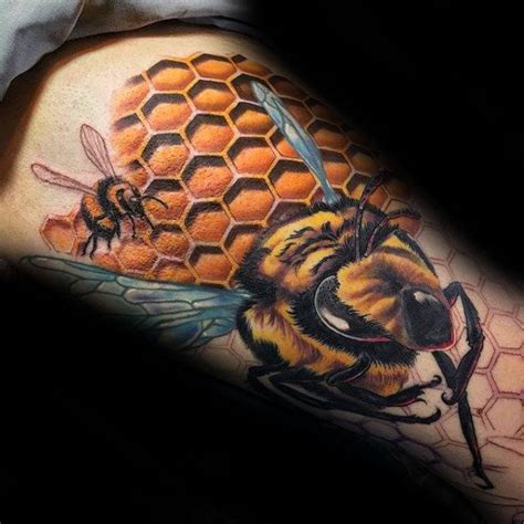 3d Mens Flying Bee Honeycomb Thigh Tattoos | Bee tattoo, Honeycomb ...