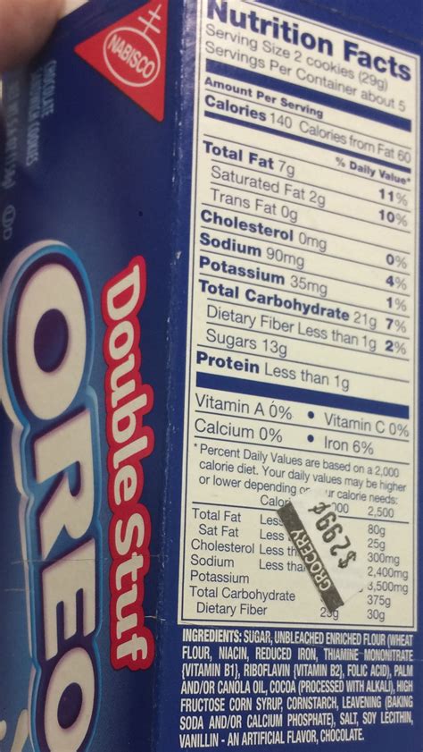 The Oreo package and its nutrition facts. Carbohydrates, Cholesterol ...