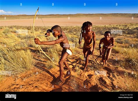 Bushmen of the San people hunting, Kalahari or Kgalagadi Transfrontier ...