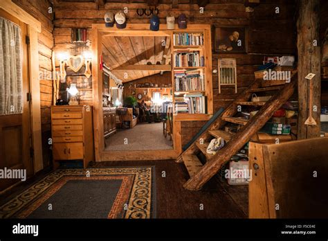 Interior of a cozy log cabin on the Gunflint Trail in northern ...