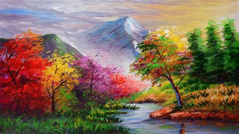 BASIC ACRYLIC LANDSCAPE PAINTING TUTORIAL with Autumn Trees and River ...