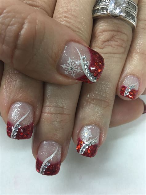 Red Glitter French Bling Rhinestones Snowflake Christmas Gel Nails ...