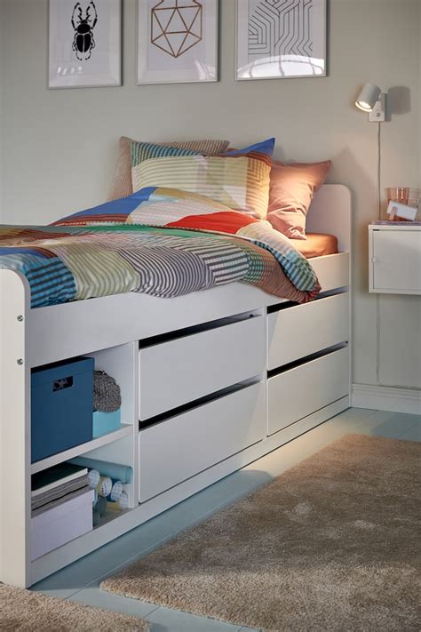 SLÄKT bed frame w storage+slatted bedbase, white, 90x200 cm - IKEA