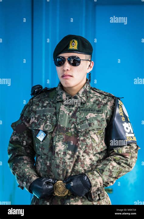 South Korean soldiers standing guard, facing North Korea at the DMZ ...