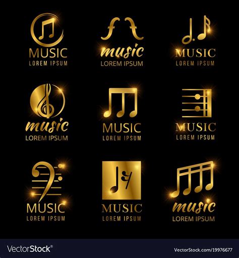 Shiny golden color music logos set isolated on black. Vector ...