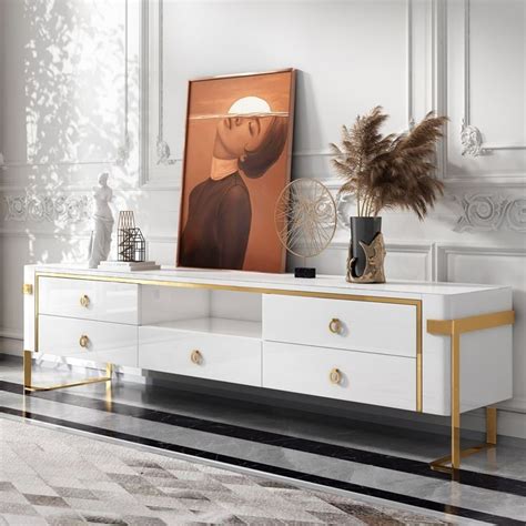 Comrty White TV Stand Modern Gold TV Console with Storage Media Cabinet ...