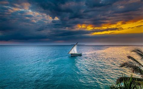 Download wallpapers sailboat, sea, sunset, tropical island, evening for ...