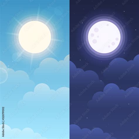 Day and night sky illustration with sun, clouds, moon and stars ...