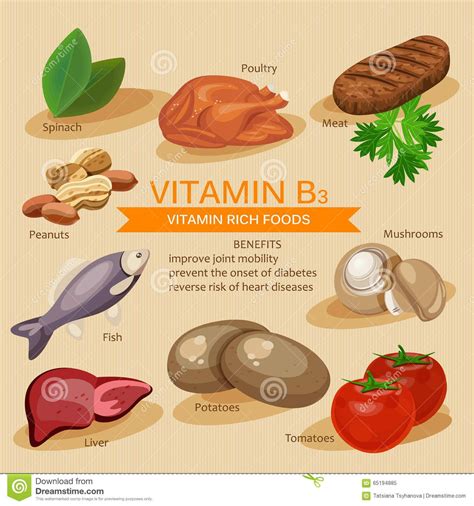 Vitamin B3. Vitamins and minerals foods. Vector flat icons graphic ...