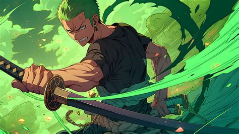 One Piece Roronoa Zoro with Sword Green Desktop Wallpaper 4K