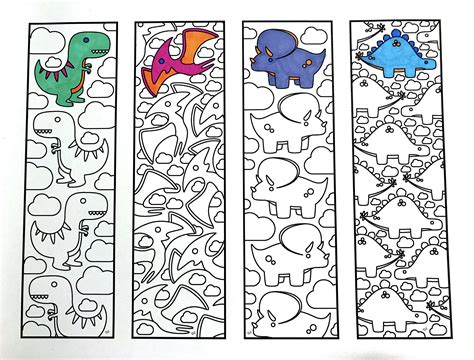 Cute Dinosaur Bookmarks – PDF Zentangle Coloring Page – Scribble & Stitch