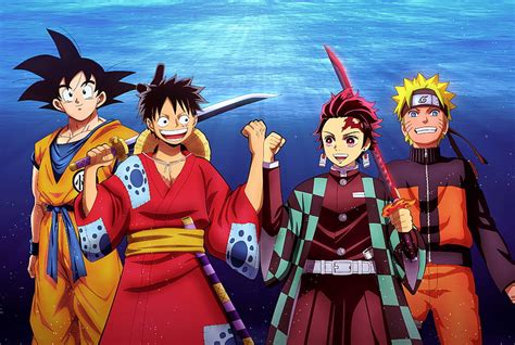 Anime, Crossover, Goku, Monkey D. Luffy, Tanjiro Kamado, Naruto Uzumaki ...