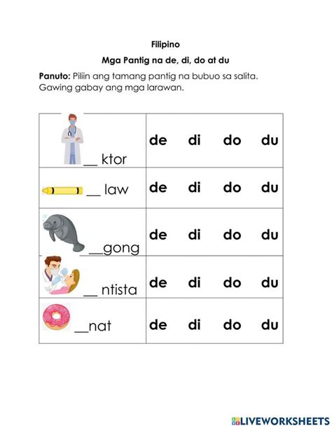 Mga pantig na de, di, do at du worksheet | Worksheets for grade 3 ...