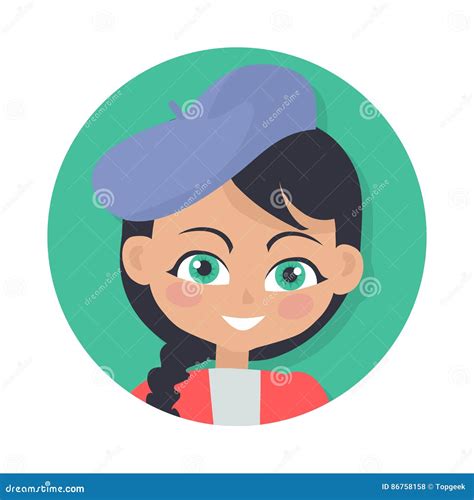 Smiling Girl with Black Braid and Forelock. Hat Stock Vector ...