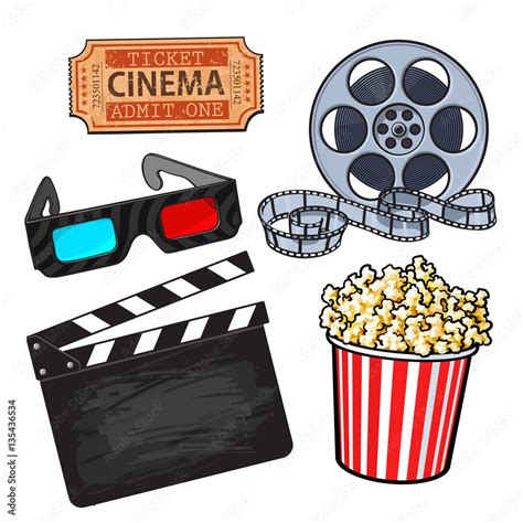 Cinema, movie objects - popcorn bucket, film roll, ticket, clapper ...