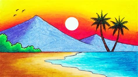 How to Draw Beautiful Sunset in the Beach | Easy Sunset Scenery Drawing ...