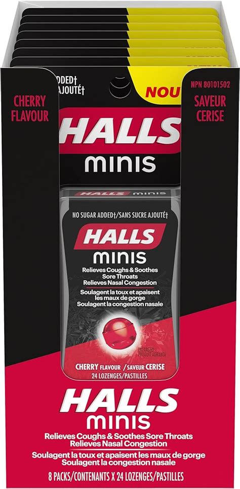 Halls Minis No Sugar Added Cherry Cough Drops, 24 lozenges per pack, 8 ...