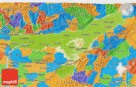 Physical 3D Map of Assam, political outside