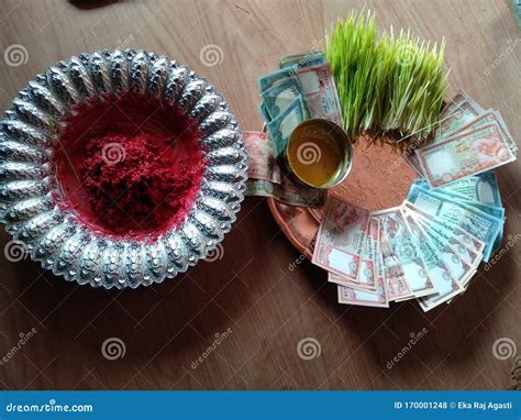 Dashain Festival, Tika, Jamara, Tikako Thali and Money. Stock Photo ...