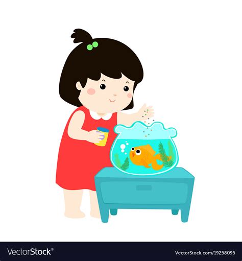 Cute little girl feeding fish in aquarium cartoon Vector Image