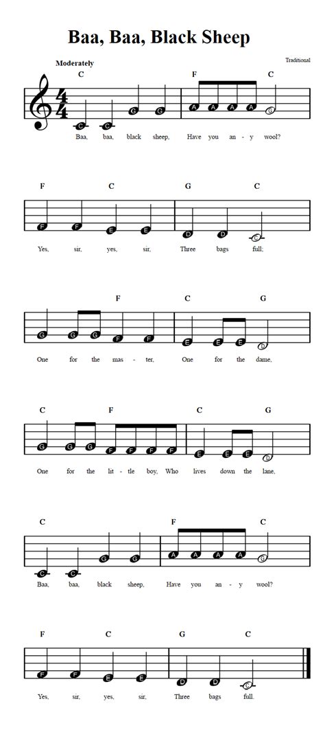 Baa, Baa, Black Sheep: Beginner Sheet Music with Chords and Lyrics