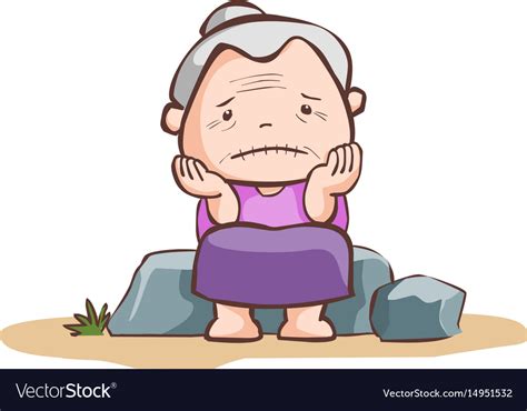 Sad old lady sit on the stone Royalty Free Vector Image