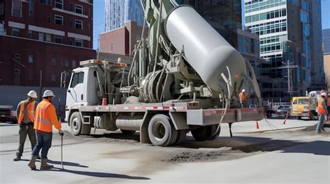 Premium AI Image | a concrete pump truck in operation at a high rise ...