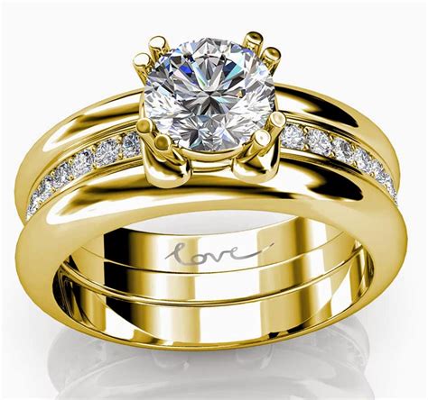 Trio Wedding Rings Sets Yellow Gold with Luxury Diamond