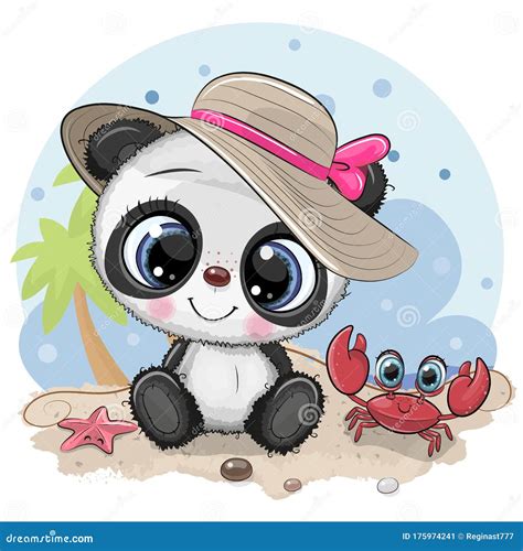 Panda Girl in a Hat and Cute Crab on the Beach Stock Vector ...