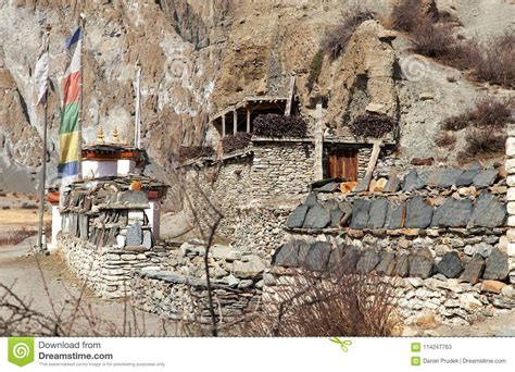 Mani Wall and Stupa with Prayer Flags Stock Image - Image of nepalese ...