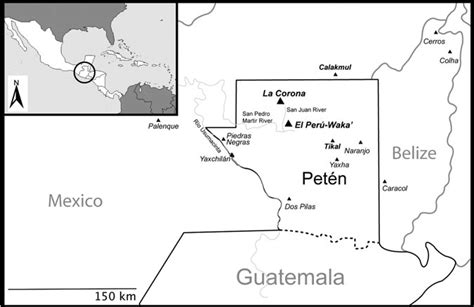 Map of the Department of Petén, Guatemala, with archaeological sites ...