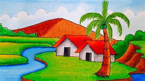 How to Draw Village scenery Village house Drawing Riverside Village ...