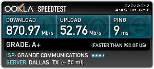 870.97 Mb/s download, 52.76 Mb/s upload