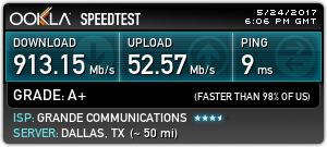 913.15 Mb/s download, 52.57 Mb/s upload