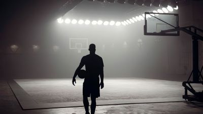 Basketball player, Silhouette, Basketball court, Basketball backboard, Indoor, Alone