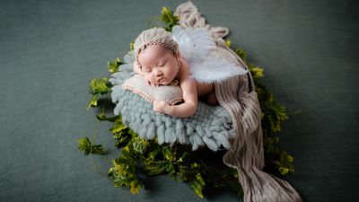 Newborn Baby, Baby girl, Angel, Green leaves, Sleeping baby, Portrait, Cute Baby, Photoshoot, 5K, Sage green