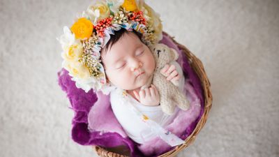 Newborn, Flower Wreath, Sleeping baby, White fur, Basket, Teddy bear, Cute Baby, 5K