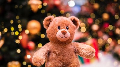 Teddy bear, Cute Christmas, Brown, Bokeh, Lights, Gift, Cute Bear, Fluffy Bear, Dolls, 5K, December