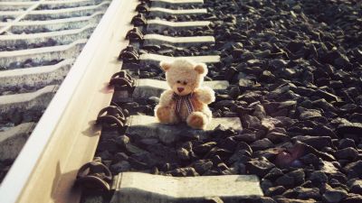 Teddy bear, Brown aesthetic, Railway track, Pattern, Stones, Lonely, Cute toy