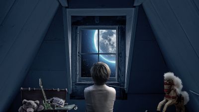 Look through the Window, Full moon, Attic, Roof, Boy, Teddy bear, Toy Horse, Memories, Childhood, 5K