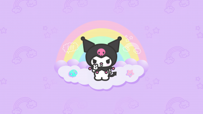 Kuromi, Hello Kitty, Black jester hat, Pink skull, White rabbit, Purple background, 5K, Cartoon, Girly backgrounds