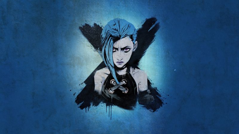 Jinx, Blue aesthetic, Graffiti, Artwork, Arcane: League of Legends, 5K, Blue background