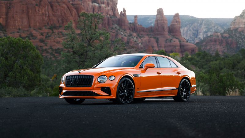 Bentley Flying Spur Speed, Orange cars, Luxury Sedan, 2025, 5K, 8K