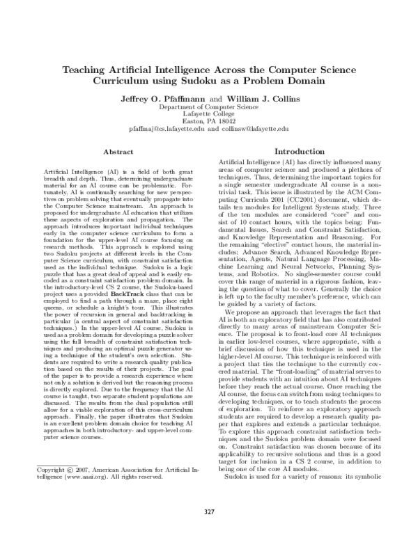 First page of “Teaching Artificial Intelligence across the Computer Science Curriculum Using Sudoku as a Problem Domain”