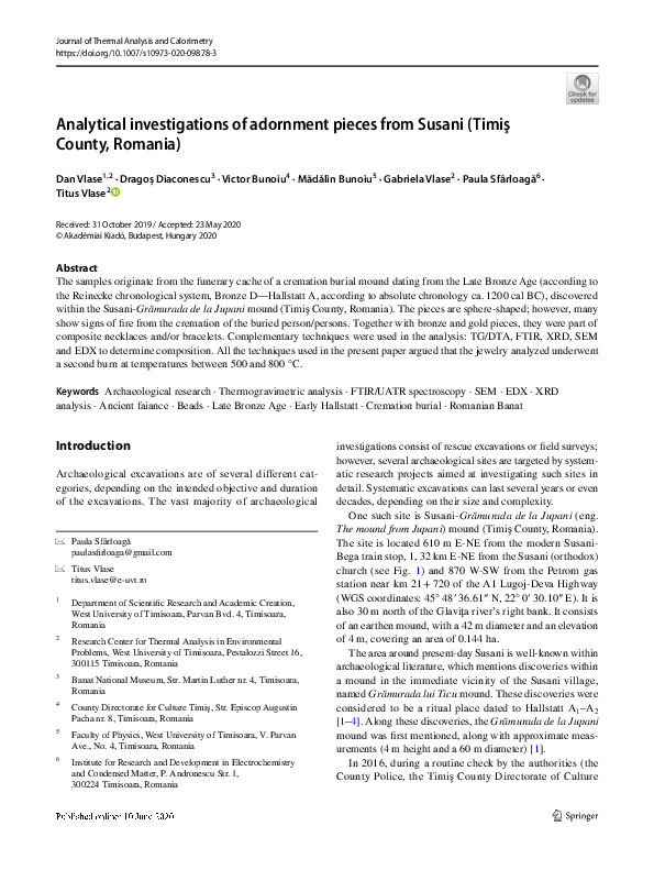 First page of “Analytical investigations of adornment pieces from Susani (Timiş County, Romania”