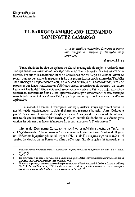 First page of “El barroco Americano: Hernando Domínguez Camargo”