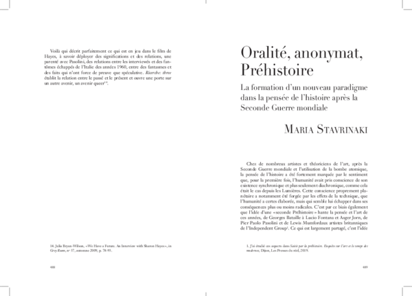 First page of “Stavrinaki, "Oralité, anonymat, préhistoire. La formation d'un nouveau paradigme dans la pensée de l'histoire après la Seconde Guerre mondiale", Repenser le médium, 2022.”