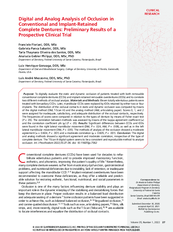 First page of “Digital and Analog Analysis of Occlusion in Conventional and Implant-Retained Complete Dentures: Preliminary Results of a Prospective Clinical Trial”